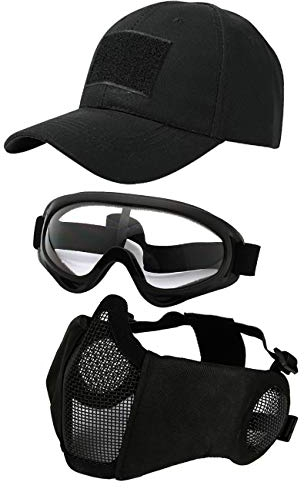 Hodeacc 3 Pcs Tactical Airsoft Mask Goggles Baseball Cap Set,Adjustable Half Face Mesh Mask with Ear Protection,Airsoft Glasses Eye Protection Outdoor Hat for Outdoor BB/CS Game