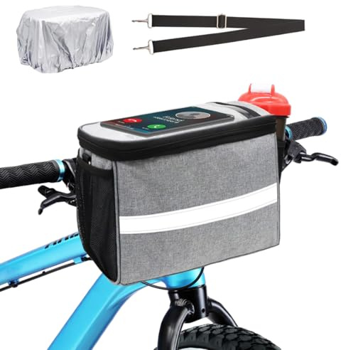 Bike Handlebar Bag, Bike Basket with | Mesh Pocket - Cold & Warm Insulation - Reflective Strap - Touchable Transparent Phone Pouch | Bicycle Front Bag, Bike Pouch for Cycling, Women, Cruisers (Grey L)