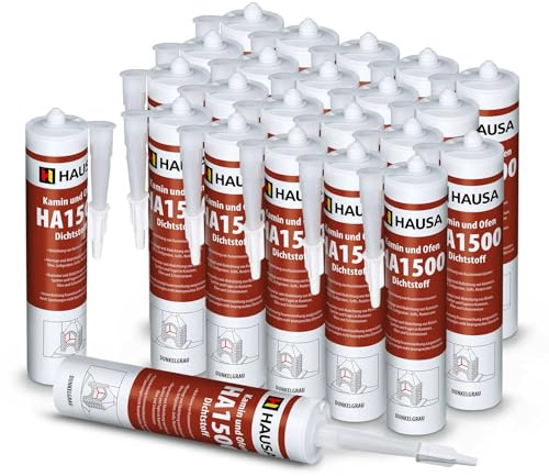 HAUSA Mastic d'Étanchéité pour Cheminées et Poêles HA1500 Mastic Spécial Résistant Au Feu et Aux Températures Jusqu'à 1500°C Produit d'étanchéité Gris Foncé 24x 310 ml