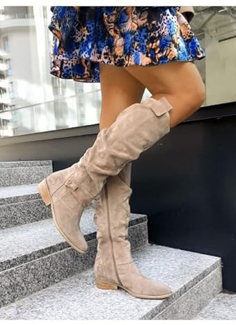 JUNSHANG Women's Low Heel Side Zip Suede High Top Boots，Womens Mid Calf Boots Knee Stretchy Low Heel Booties Zip Strap Riding Winter Slouch Shoes, beige-36