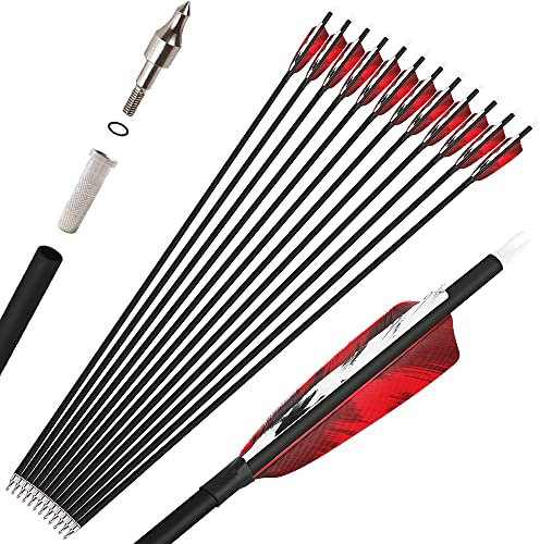wolfman 12X Carbonpfeile für Bogenschießen Spine 500 Pfeil Bogen Pfeile Carbon Zielpfeile Jagdpfeile mit 4 Zoll Natürliche Federn Pfeil für Recurvebogen Compoundbogen (33 Zoll, 2 rot 1 weiß)