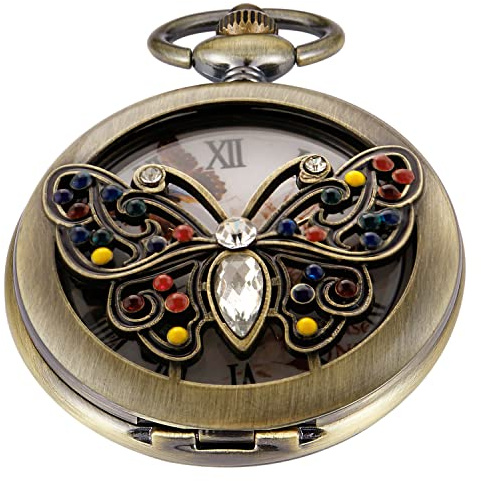Whodoit Brown Diamond Inlaid Butterfly Quartz Pocket Watch, Hollowed Out Dial Necklace Women's Pendant Chain Bracelet Pocket Watches