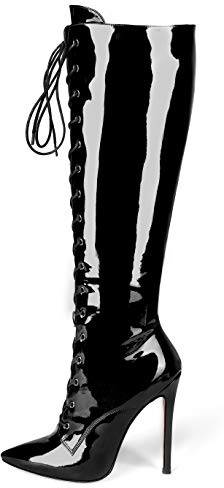 Eldof Women's Knee High Boots, Pointed Toe High Heel Lace Up Boots with Side Zipper, Sexy Stiletto Boots 4.7 Inches with Fur Patent Black US Size 8.5