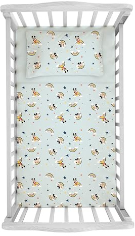 Mickey Mouse, Bettwäsche-Set für Wiege, 100% Baumwolle, Baby-Bettwäsche, Disney Micky Maus, Spannbettlaken, Kissenbezug, Hellblau