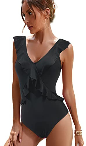 JFAN Endelad baddräkt för kvinnor monokini badkläder V-ringad blommig volang baddräkt sommar bikini strandkläder set, Svart, M