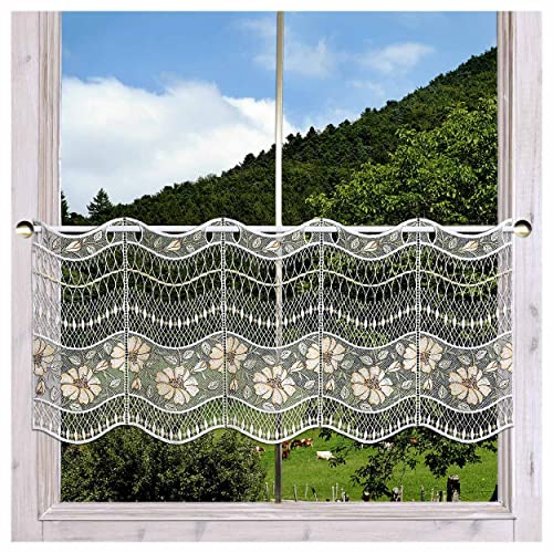 Feenhaus-Scheibengardine Hibiskus weiß-beige Vogtländische Spitze | ausgefallene, kunstvolle Luftspitze mit Natur-Muster im Plissee-Design, Scheibenhänger mit filigranen Linien HxB 35 x 80 cm