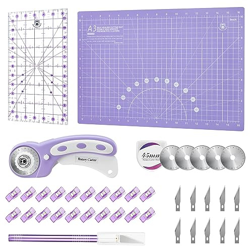 Headley Tools Ensemble de cutter rotatif – Coupe-tissu de 45 mm, 5 lames rotatives supplémentaires, tapis de découpe A3, règle de matelassage et pinces à coudre, ensemble de couteaux artisanaux, idéal