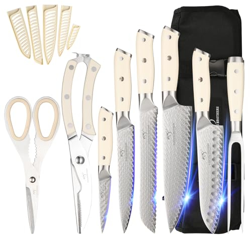 NANFANG BROTHERS 9-Piece Damascus Steel Knife Set with Chef's Roll Pouch, VG10 Professional Set with Kitchen Fork and Shears