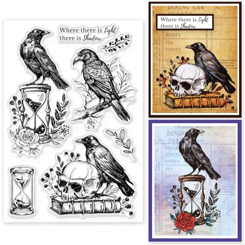 GLOBLELAND Krähenskelett Silikonstempel Sanduhr Bücher Transparente Stempel Tiere Klare Stamps Für Karten Herstellung DIY Scrapbooking Basteln