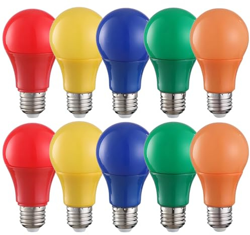 HUAMu 10er Set A60 farbige LED Leuchtmittel Birnenform 3W 25Watt Leuchtmittel Birnenform,für Außen & Innen, Rot, gelb, blau, grün, orange