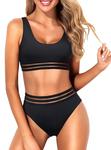 Tempt Me Women Black Sport High Waisted Bikini Two Piece Swimsuit Scoop Neck Bathing Suit with Bottoms M