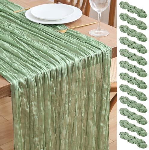 Asee'm 12PCS Tischläufer Käsetuch 300 x 90cm Salbeigrün Boho Transparente Läufer Tisch Hochzeit Gaze Stoff Rustikale Käse Tuch für Braut Dusche Party