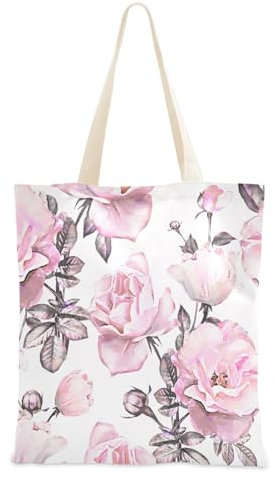 FRODOTGV Leinentaschen für Damen, rosa Blumen, Bauernhaus, Segeltuch, Geschenktasche, Baumwoll-Tragetasche, Stoff-Tragetaschen mit Griffen, Tragetasche, einfarbig, Bauernhaus mit rosa Blumen, 1 Size