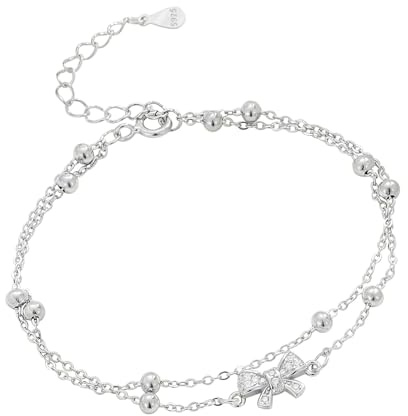 Hmzidz Damen Charm Armband Anhänger mit Schleife/Meteor/Blumen,925 Sterling Silber Armreif mit Diamant,Armkette Layered mit Perlen,Personalisierte Armbänder für Sie Frauen Freundin Mutter