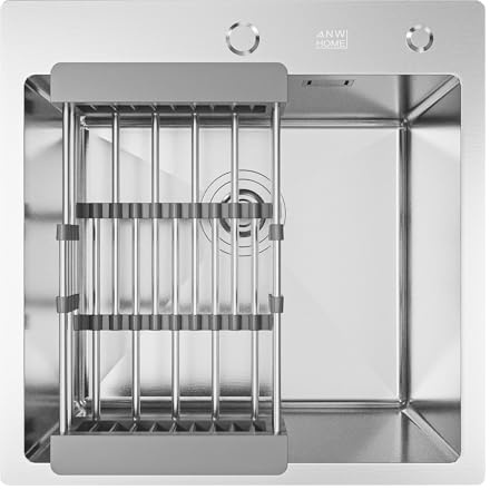 ANW HOME Fregadero Cocina 1 Seno Sobre Encimera 50x50 cm, Fregadero Cocina Acero INOX 304, Plateado, Acabado Nano, Grosor 3,0/1 mm, Profundidad 22 cm con Sifón y Dosificador