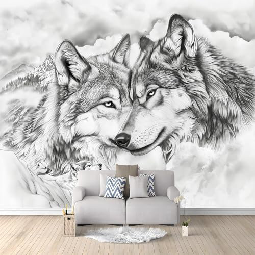 Générique Papier Peint Panoramique 3D Dessin Au Crayon De Loup Animal Murale Chambre à Coucher Maison Décoration Intérieure, Papier Peint intissé fond pour Chambre D'Enfant Salon Murale 250x175 cm