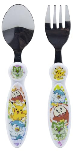 SET DE 2 CUBIERTOS METALICOS (CUCHARA Y TENEDOR) POKEMON | Cuchara y tenedor de acero inoxidable con mango ergonómico - Pikachu, Sprigatito, Fuecoco y Quaxly