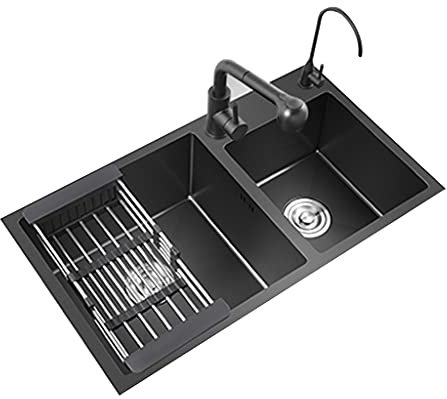 Waschbecken Doppelwaschbecken Küche Nano Waschbecken 304 Edelstahl Waschbecken Home Pool mit Wasserhahn Schnelle Drainage, ZYDKDA, Schwarz,