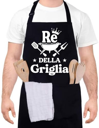 Halinuia Delantal de barbacoa para hombre, rey de la parrilla, delantal divertido con 2 bolsillos, impermeable, para barbacoa, barbacoa y cocina al aire libre, negro, negro - blanco, una taglia adatta