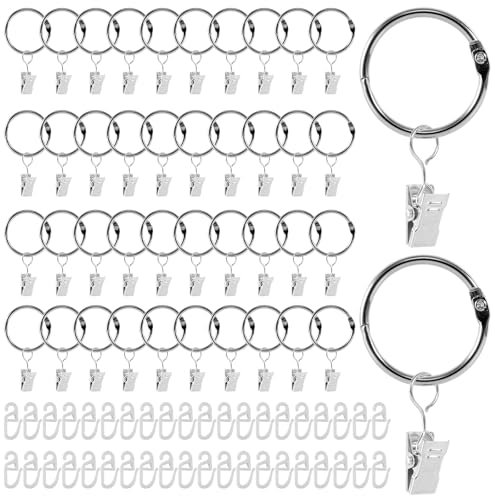 40 Stück Metall Vorhang Ringe Clip Set, 35mm ID Gardinenringe mit Clips, Stainless Hanging Gardinen Ringe mit Weiße S Kunststoffhaken, Vorhang Clip Hängende Ringe für Fenster Tür Duschvorhänge