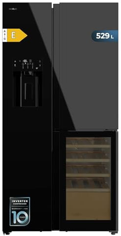 Cecotec Frigorífico Americano 3 Puertas Vinoteca Dispensador de Hielo 529L Bolero CoolMarket TDW 529 WID Black Glass E. 183x91,1x70,6cm, Compresor Inverter Plus, No Frost, Puertas Cristal
