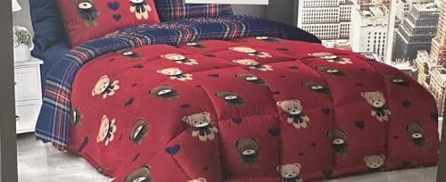 Daunex Winter-Steppdecke für Einzelbett, aus Mikrofaser, Modell: Teddybären, Rot, für Einzelbett