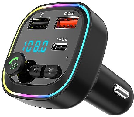 Transmetteur FM Bluetooth 5.3, Transmetteur Adaptateur Bluetooth pour Voiture, Kit MP3 sans Fil à Charge Rapide QC3.0, 2 Ports USB et 1 Port Type-C, Appels Mains Libres, Support USB/Carte TF