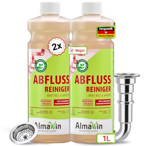 AlmaWin® Abflussreiniger [2x 1L - 16 Anwendungen] Extra Stark gegen Verstopfung & Gerüche - Rohrreiniger Extrem Stark gegen Haare, Seifenrückstände & Mehr - Abfluss Reiniger mit Nachtkraftformel