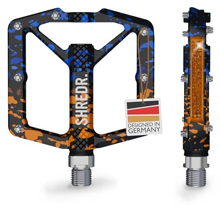 SHREDR. Shine Pedale für MTB | Hochwertige Flatpedals fürs Mountainbike | Mit Reflektoren (StVZO konform) | Special Edition - Jedes Pedal ist EIN Unikat (orange/blau, M)
