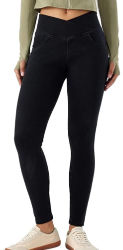 Onsoyours Jeggings Femme Jean Taille Haute Elastique Cross Yoga Leggings Slim Jeggings Denim Pantalon de Sport B Noir L