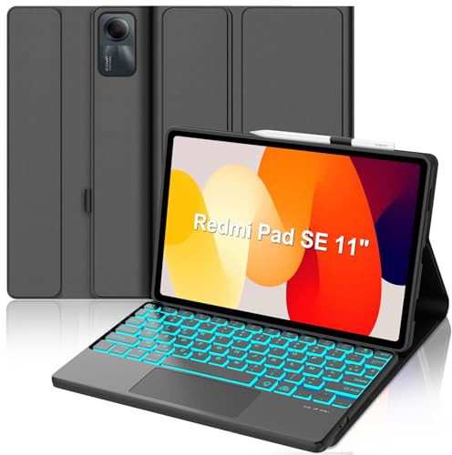Coque Clavier pour Xiaomi Redmi Pad SE 11 Pouces avec Pavé Tactile, AZERTY Français Clavier Bluetooth Magnétique Détachable avec 7 Couleurs Rétroéclairées pour Tablette Redmi Pad SE 11 2023, Noir