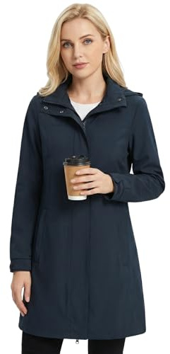 chiguomaoyi Giacca da Pioggia da Donna Softshell impermeabile Cappuccio Antipioggia Trench Primaverile Coat