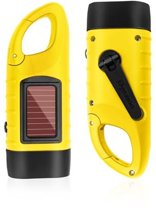 Momowin Taschenlampe Kurbel, Dynamo Taschenlampe, mit Sicherheitsverschluss, Solarbetrieben, Notlicht für Wandern/Camping/Explorieren/Stromausfall (Gelb)