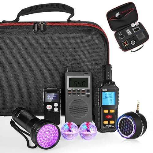 Dunzy 8 Pcs Ghost Hunting Equipment Kit, Include 1 Emf Meter 1 Spirit Ghost Hunting Research Case 1 Voice Recorders 1 Flashlight 1 Speaker 2 Motion Light up Cat Balls 1 FM Radio (Emf Meter 5, Radio 2)