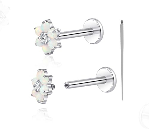 limerencia 18G Titan-Piercingschmuck, 2 Stück hypoallergene Ohrstecker mit Innengewinde und flacher Rückseite für Tragus/Nase/Helix/Conch/Lippe/Labret/Knorpel für Damen Herren(Silber,Blume)