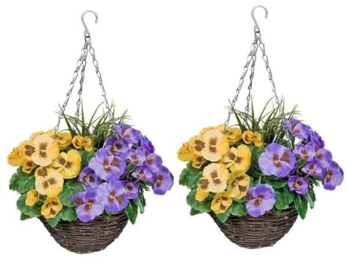 GreenBrokers 2 x Hanging Baskets with Purple & Yellow Flowers and Decorative Grasses (Set of 2)
