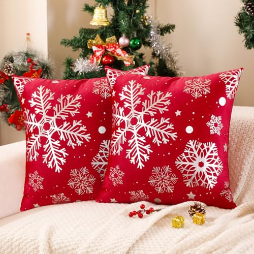 Miuyunya 2er Set Samt Weihnachten Kissenbezüge Rot Weihnachts Kissenbezug Samt 40x40 Silber Schneeflocke Kissen Winter Zierkissenbezüge Dekokissen für Sofa Schlafzimmer Wohnzimmer Couchkissen