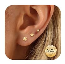 MOGASA 3 par örhängen dam 925 sterlingsilver pläterade 14k guld allergivänlig liten zirkonia/blomma/stjärna örhängen 3-5 mm smyckesgåvor för kvinnor och flickor, Silver