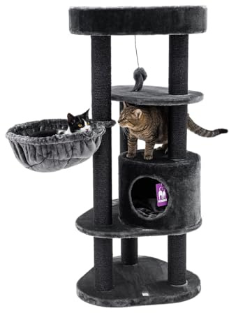 Petrebels Kratzbaum Platzsparend & Stabil, Charlotte 134 cm hoch, Schwarz | dreieckig, Ø 9 cm Stämme, mit dicke Bodenplatte, waschbaren Kissen, Hängematte, Höhle & Loungesofa, für mittelgroße Katzen