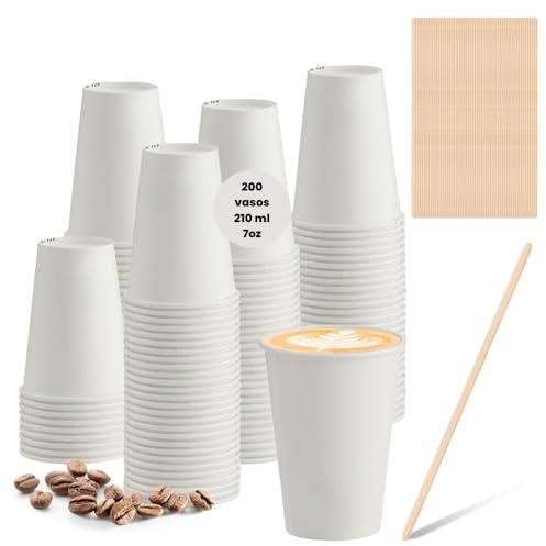 GoCups Vasos cafe desechables 100 unidades con palitos cafe | 221 ml estilo coffee cup | Vasos carton desechables ecológicos | Vasos papel blancos para bebidas calientes y frías (200 Vasos)