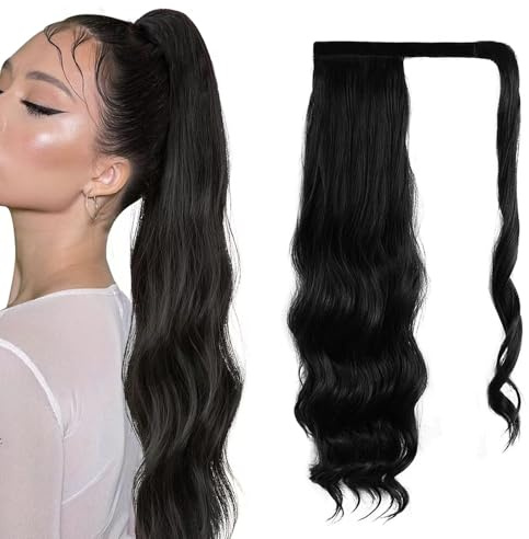 Wrap rund ponytail hårförlängning klämma i ponytail hårförlängningar naturliga vågiga hårdelar ponny svans förlängning för kvinnor flickor (50 cm svart, 50 cm vågig)