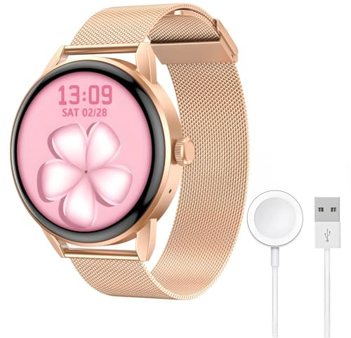 Bosreroy Elegante orologio da donna con display rotondo, chiamate wireless, NFC, cardiofrequenzimetro, contapassi, monitoraggio dell'ossigeno nel sangue, fitness in oro rosa per iPhone/Android