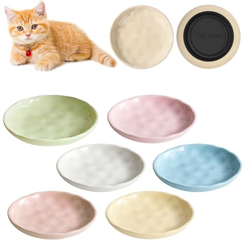 Keramik Katzennapf, 6 Stück Futternapf Katze mit Rutschfestem Silikonboden, Katzenteller Flach Keramik, Wimpernschonend für Katzen und Kleintiere