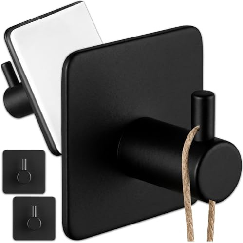 KRUMAD Set 4 Stk Selbstklebende Haken ohne Bohren, Wasserfeste Klebehaken Bad, Schwarz Handtuchhalter, Langlebige Haken für Bad, Wandhaken für Handtücher, Küche und Flur, Starke Haftung