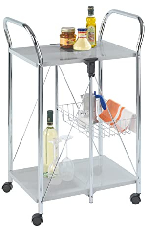 WENKO 900060100 Beistell- und Küchenwagen Sunny - zusammenklappbar, Ablagekorb, Chrom, 60 x 90 x 44 cm, silber