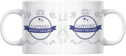 Pair of (45th) Sapphire Anniversary (Mum + Dad) Novelty Gift Mugs - Swirls/Rosette Design