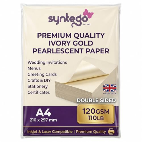 Syntego A4 120 gsm dubbelsidigt pärlemorskimrande papper lämpligt för bläckstråleskrivare och laserskrivare 10 (guld, vit)