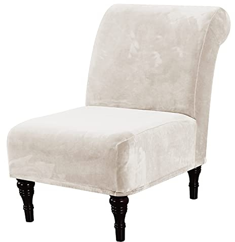 H.VERSAILTEX Armless Accent Chair Covers Thick Velvet Armless Chair Slipcovers High Stretch Chair Covers for Living Room Hotel Machine Washable Furniture Protector with Elastic Bottom, Ivory