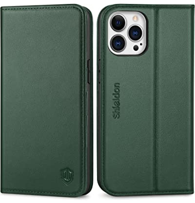 SHIELDON Case for iPhone 13 Pro Max, Genuine Leather Wallet Case[RFID Blocking][Card Slots][Kickstand][TPU Shell] Magnetic Folio Cover Compatible with iPhone 13 Pro Max 6.7 5G 2021, Midnight Green