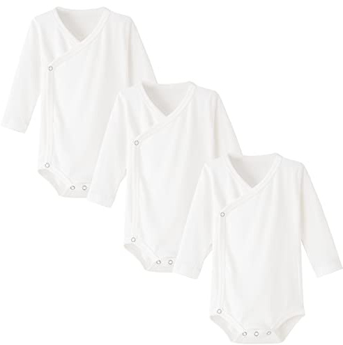 BINIDUCKLING Pack of 3 Baby Boys Girls Long Sleeve Wrap Bodysuits - 100% Cotton Baby Bodysuit with Side Poppers for Newborns - 12 Months